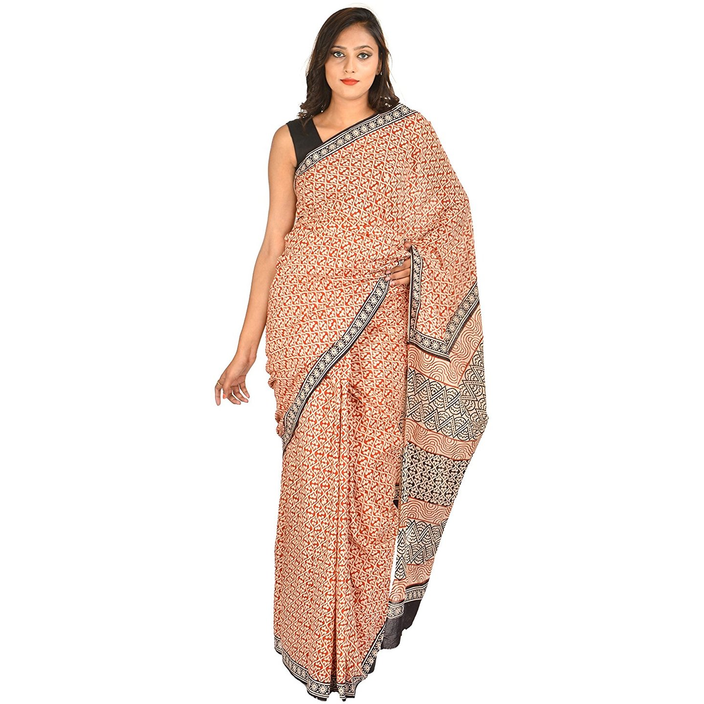 Korie Bagru Cotton Saree without Blouse Piece Red & Black- KB5_05