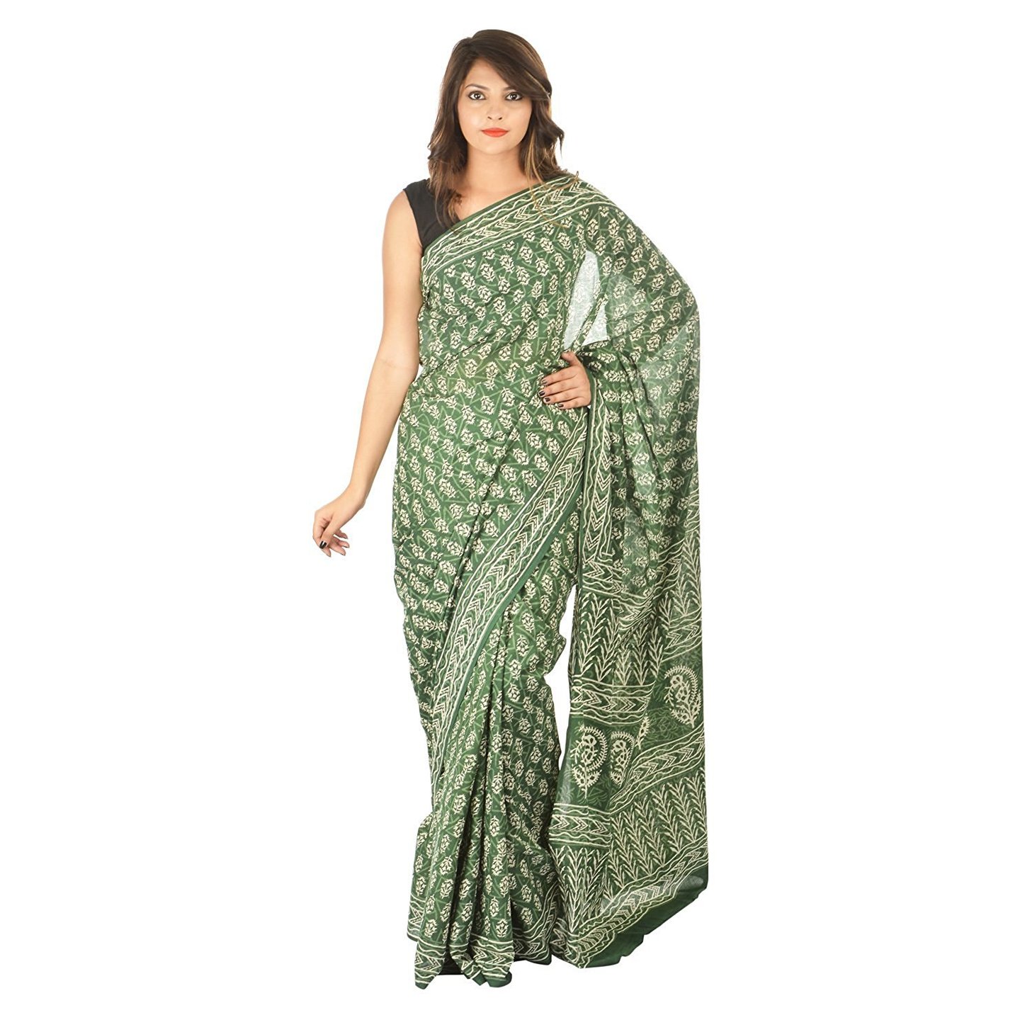 Korie Bagru Cotton Saree without Blouse Piece (Green with Dabu Print)_ K4_44