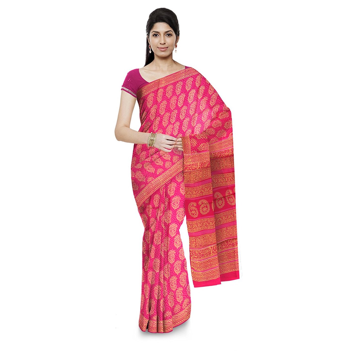 Korie Bagru Cotton Saree with Blouse Piece Pink- KB7_13