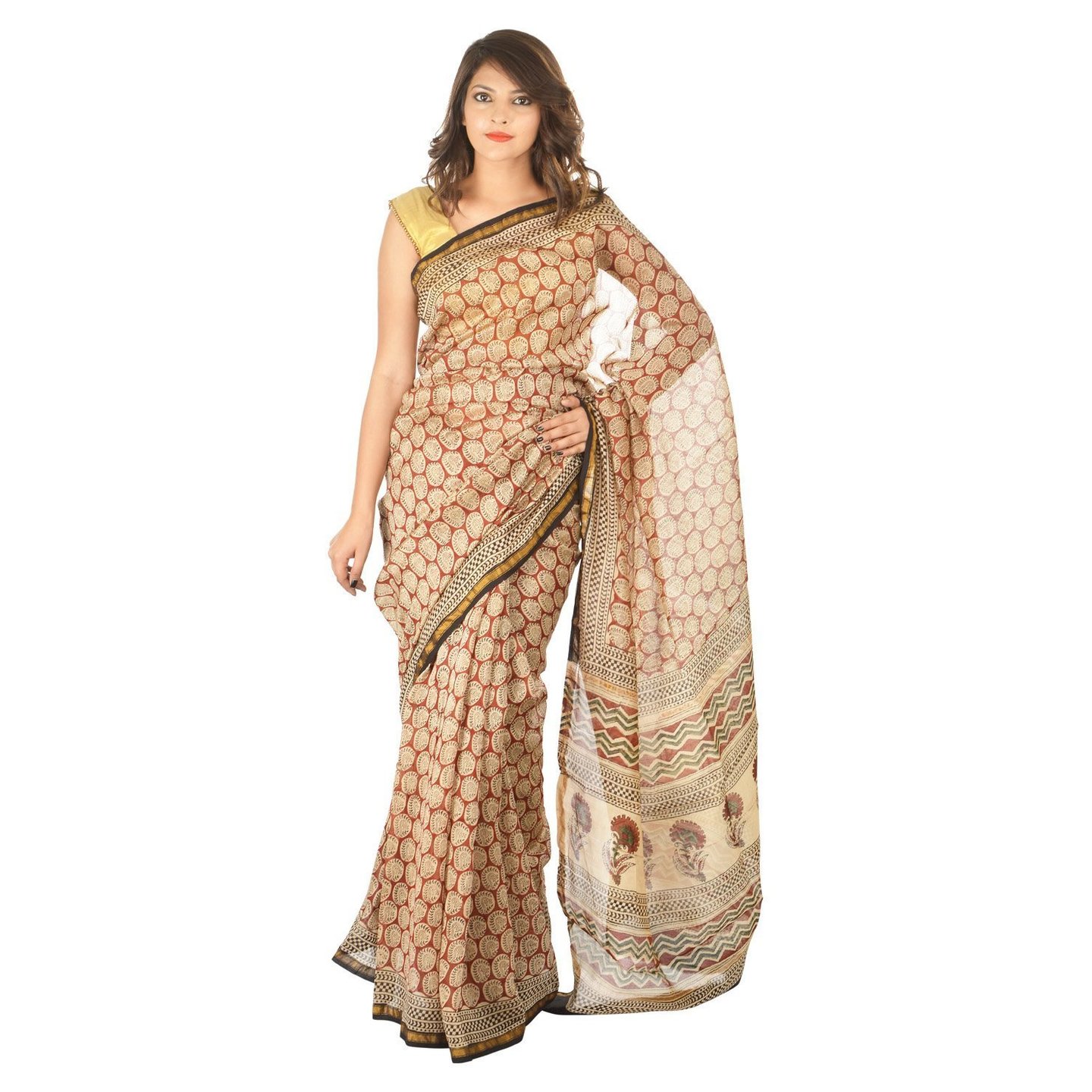 Korie Bagru Cotton Silk Sari Beige with Red_ K4_13