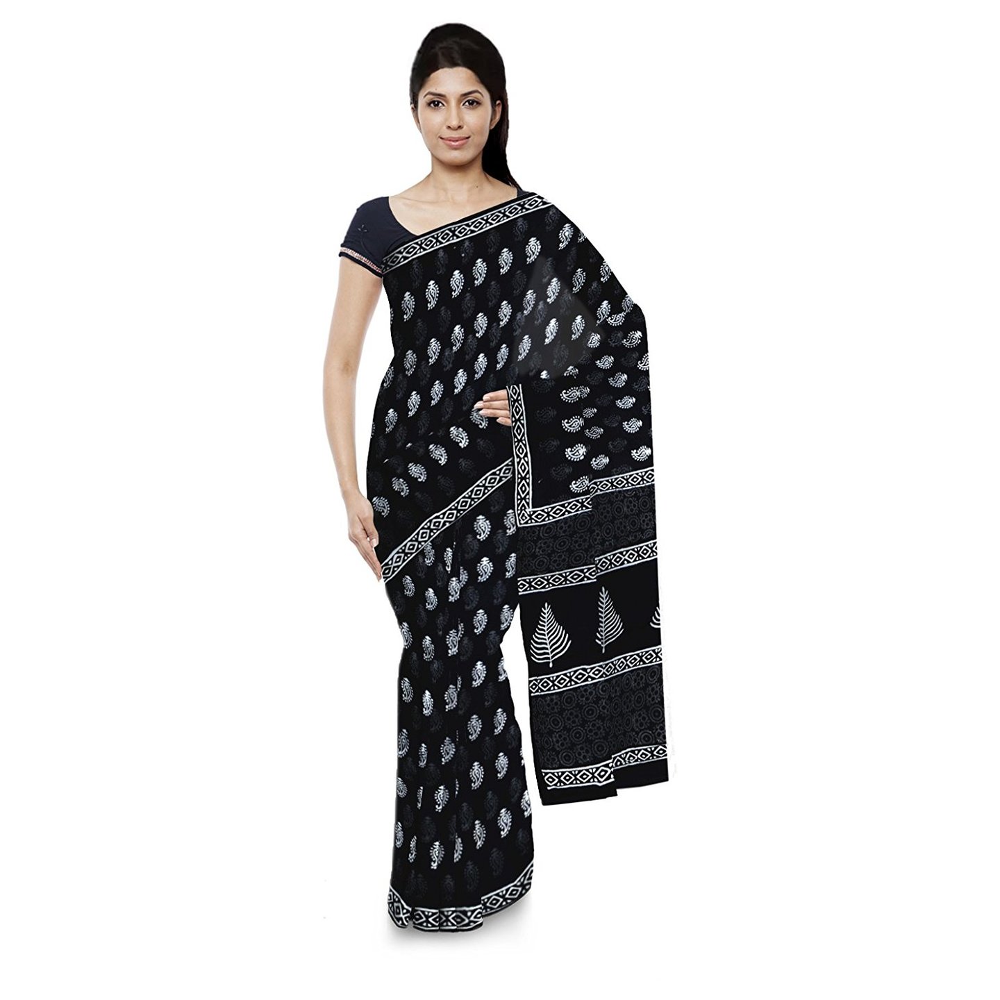 Korie Bagru Hand Block Print Cotton Saree with Blouse Piece Black with White- KB7_07