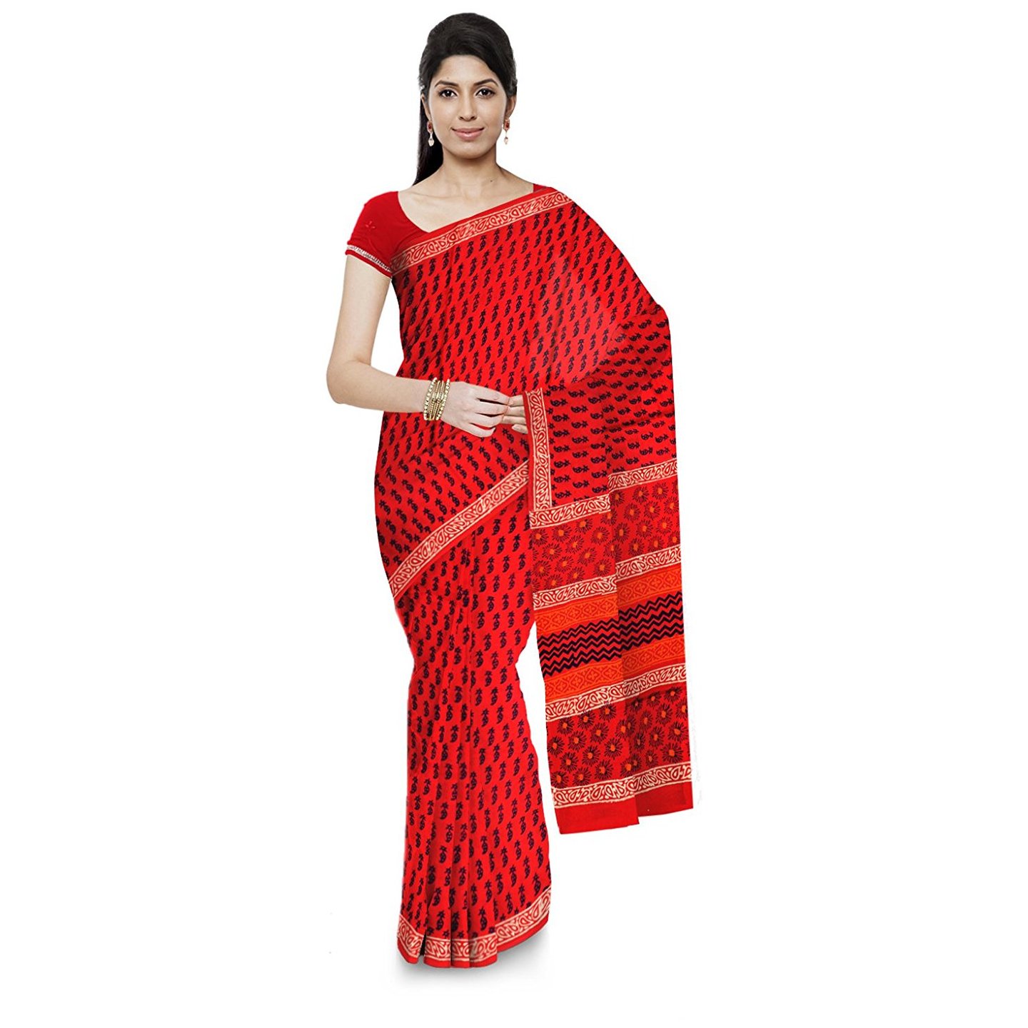 Korie Bagru Hand Block Print Cotton Saree with Blouse Piece Red_KB7_11