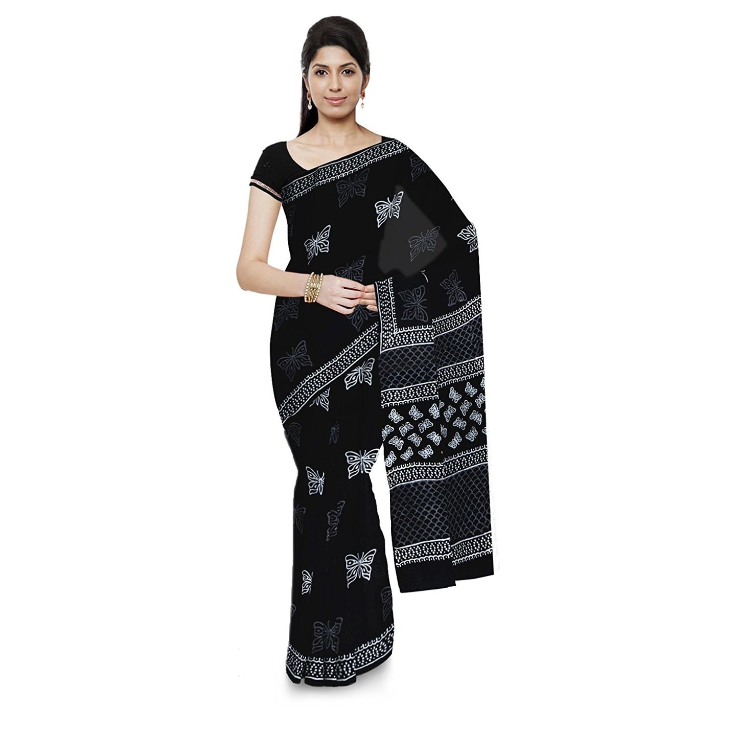 Korie Bagru Cotton Saree with Blouse Piece Black- KB7_12