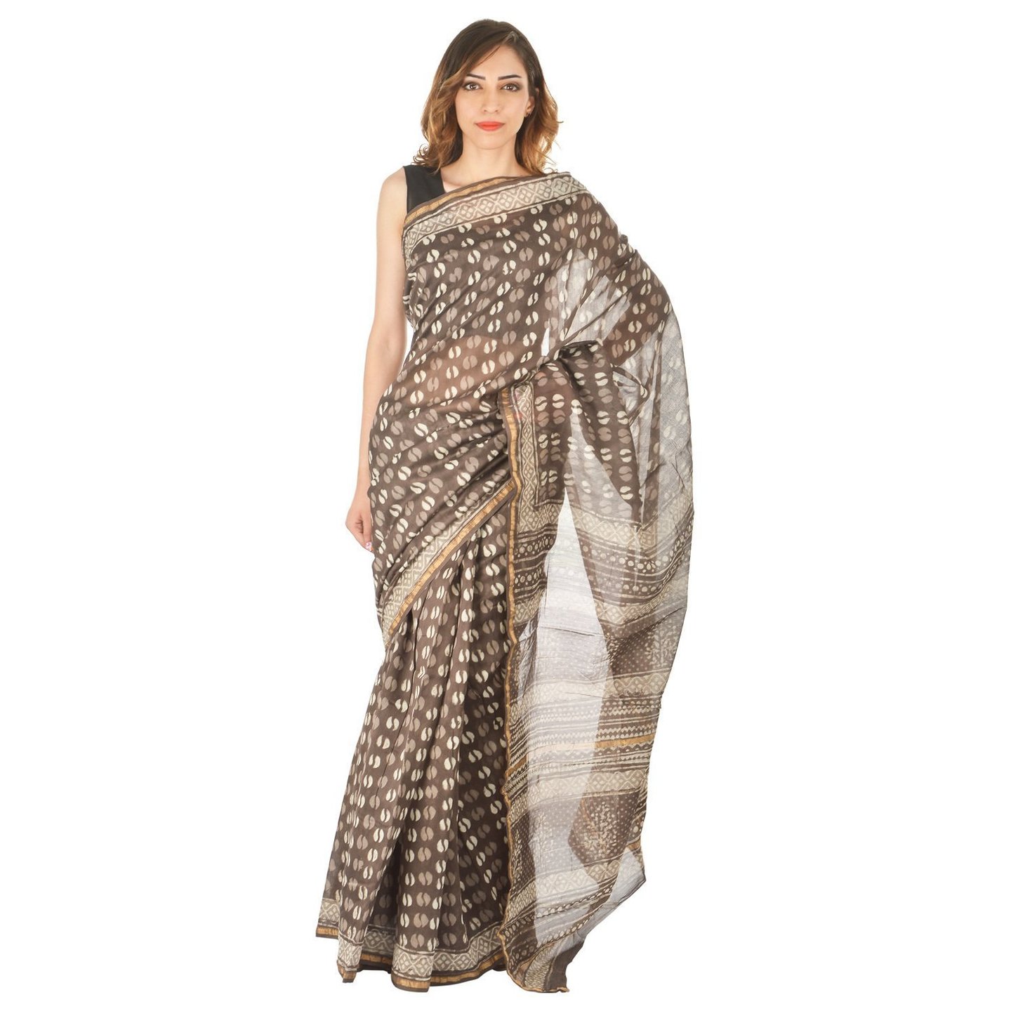 Korie Bagru Chanderi Sari with Dabu Print (Brown)_ (K4_08)