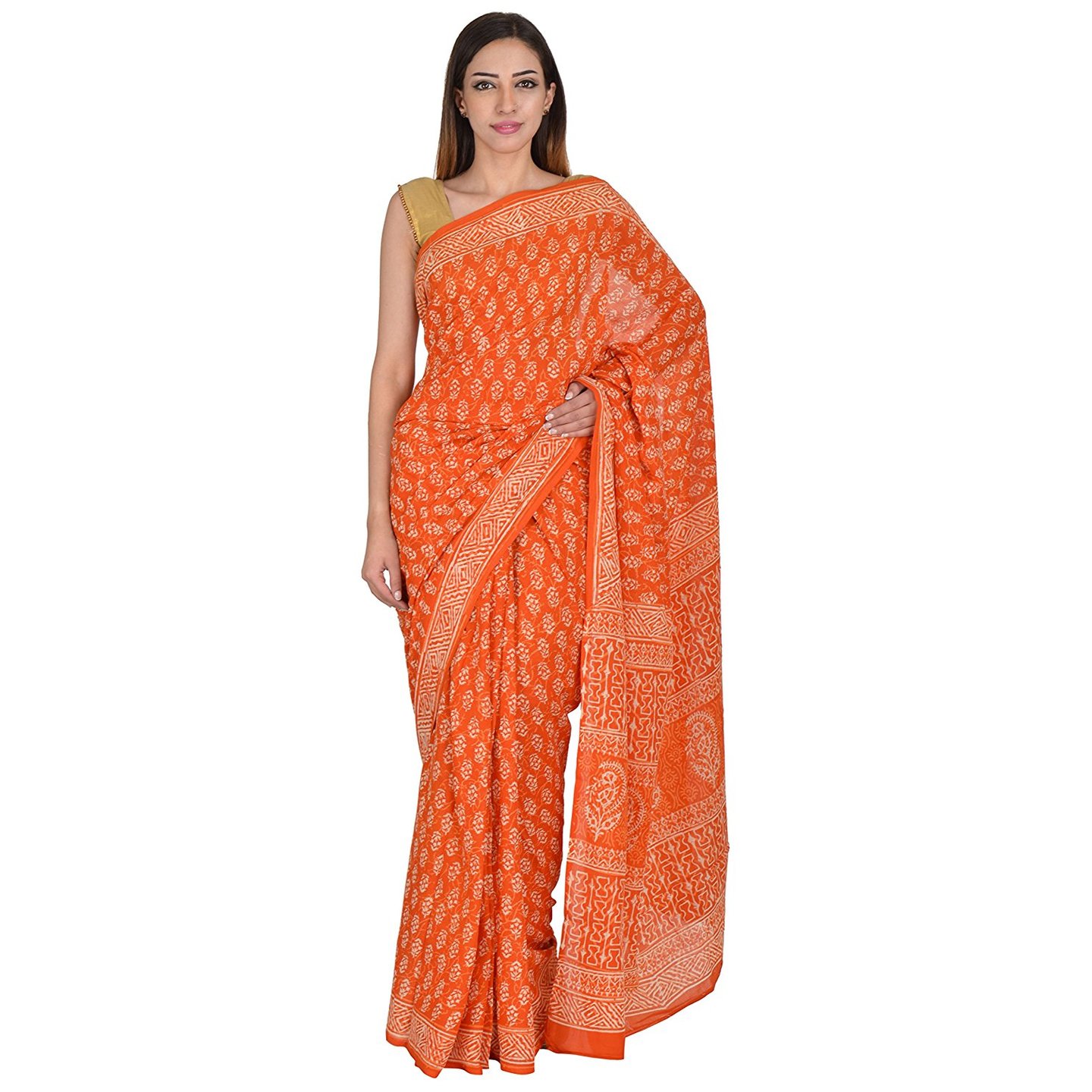 Korie Women's Bagru Cotton Saree Without Blouse Piece (Orange with Dabu Print)_ KB6_05