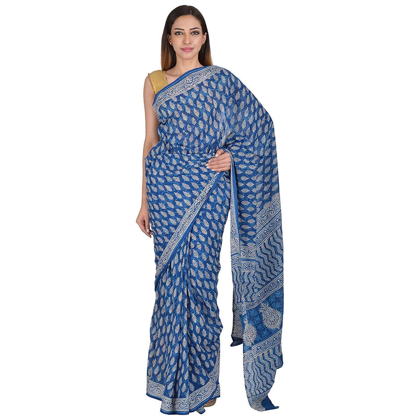 Korie Women's Bagru Cotton Saree Without Blouse Piece (Indigo with Dabu Print)_ KB6_01