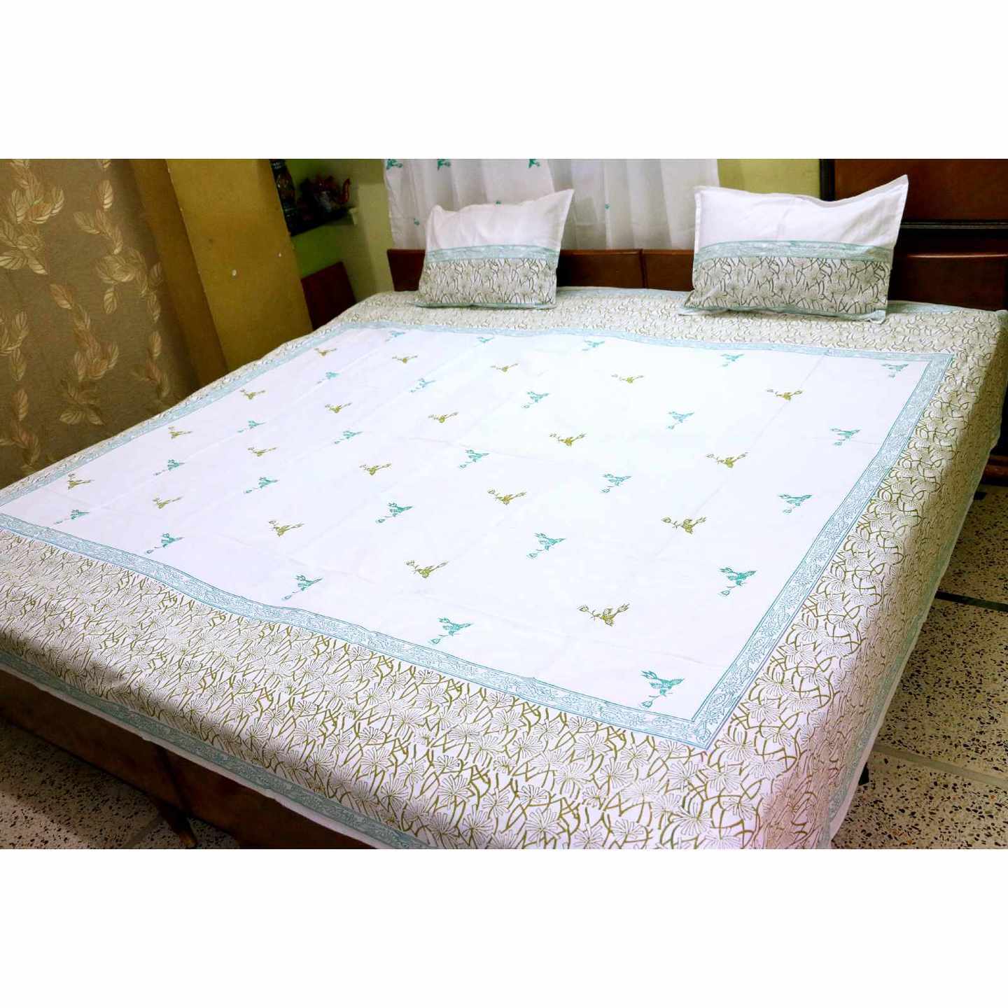 Hand Block Printed Bed Sheet - HUMMING BIRD