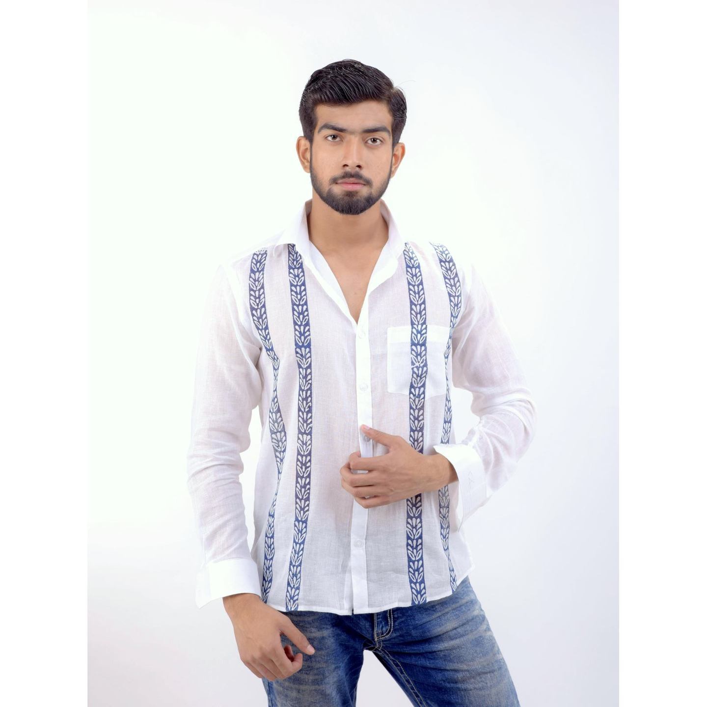 Hand Block Printed Shirt with Exclusive Design - BLUE SPRING