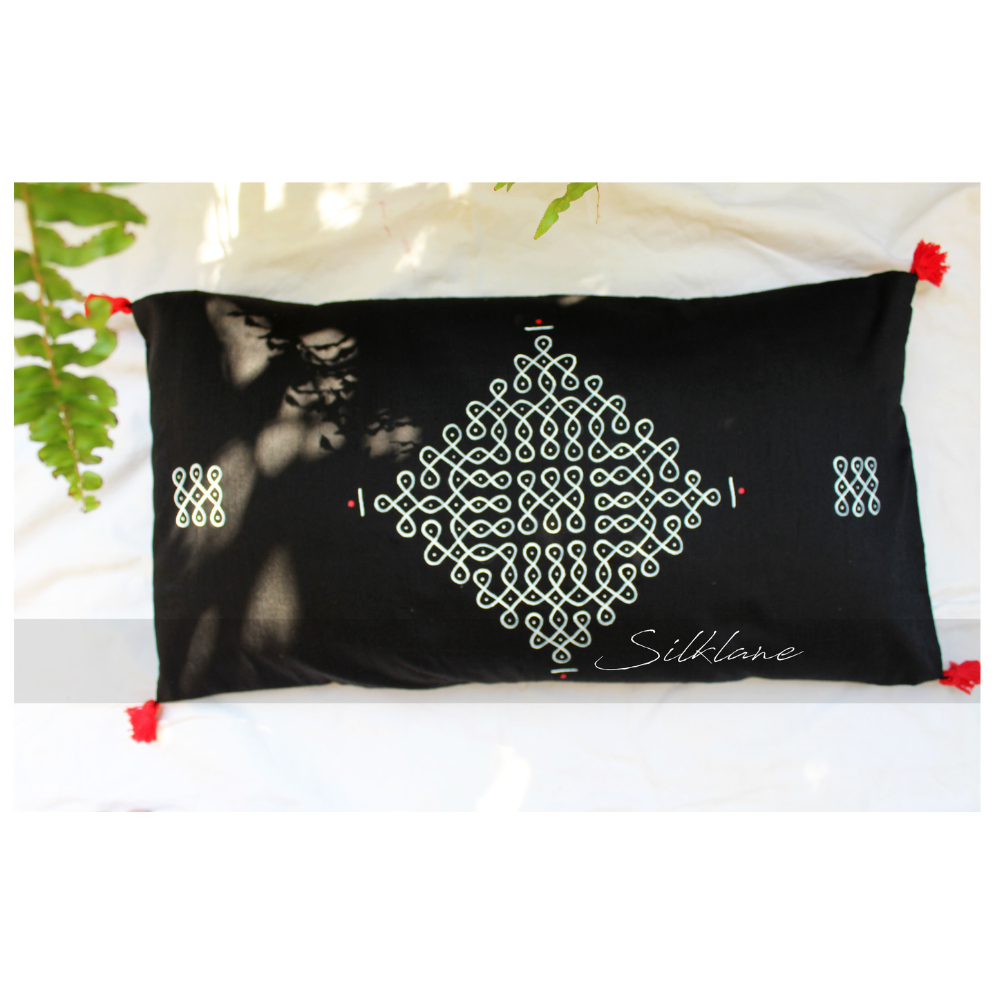Hand-painted Lumbar Cushion cover with tassels SLNST0360