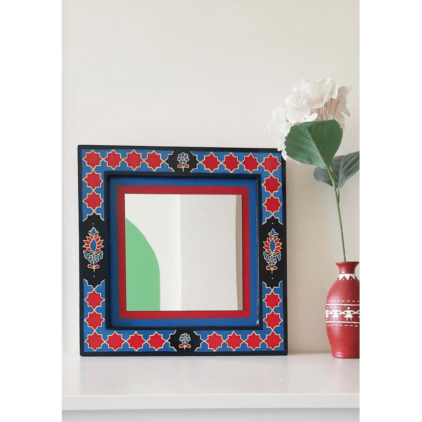 Handpainted Ajrakh inspired framed mirror - READY TO SHIP (SLNST0566)