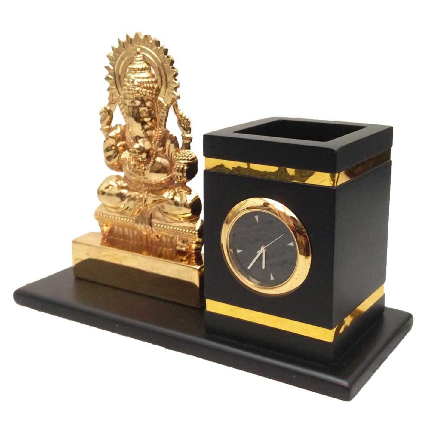 Metallic God Ganesha Statue with Wooden Pen Stand 5 Inch ( 13 cm ) - 28X0035G000XHIS