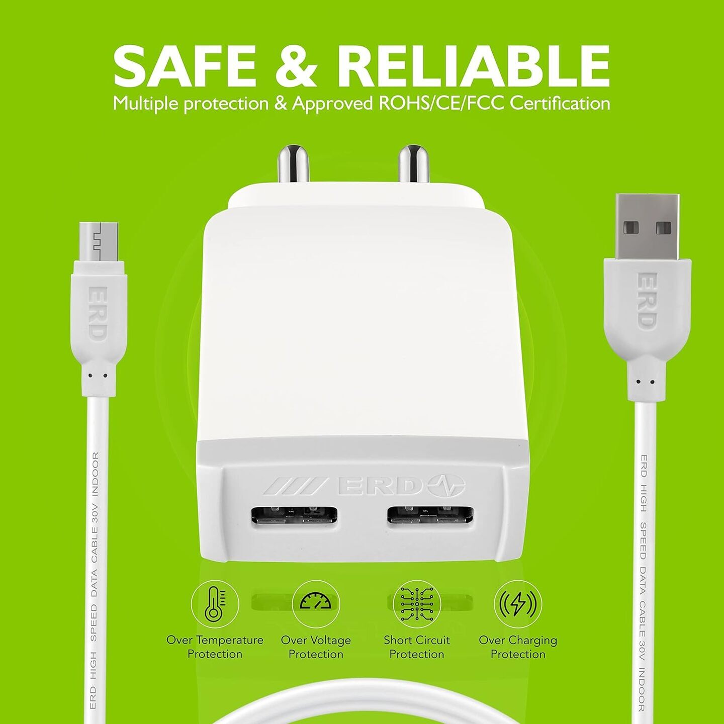 ERD TC 22 10W Dual USB Fast Wall Charger Adapter  Fast Charging Technology with USB-C Data Cable  Color- White  Universal Compatibility All iOS & Android Devices  150-240V AC, 5060 Hz & 2 Amp