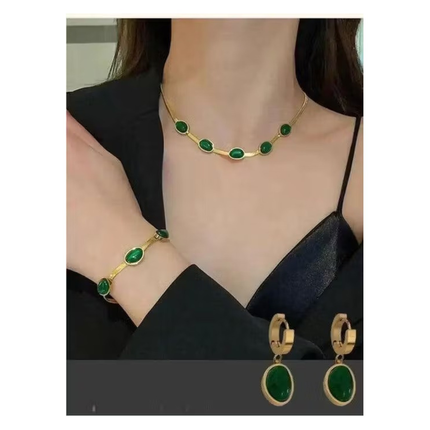 Green Crystal Pendant Earrings With Bracelet (3 Pcs Set)