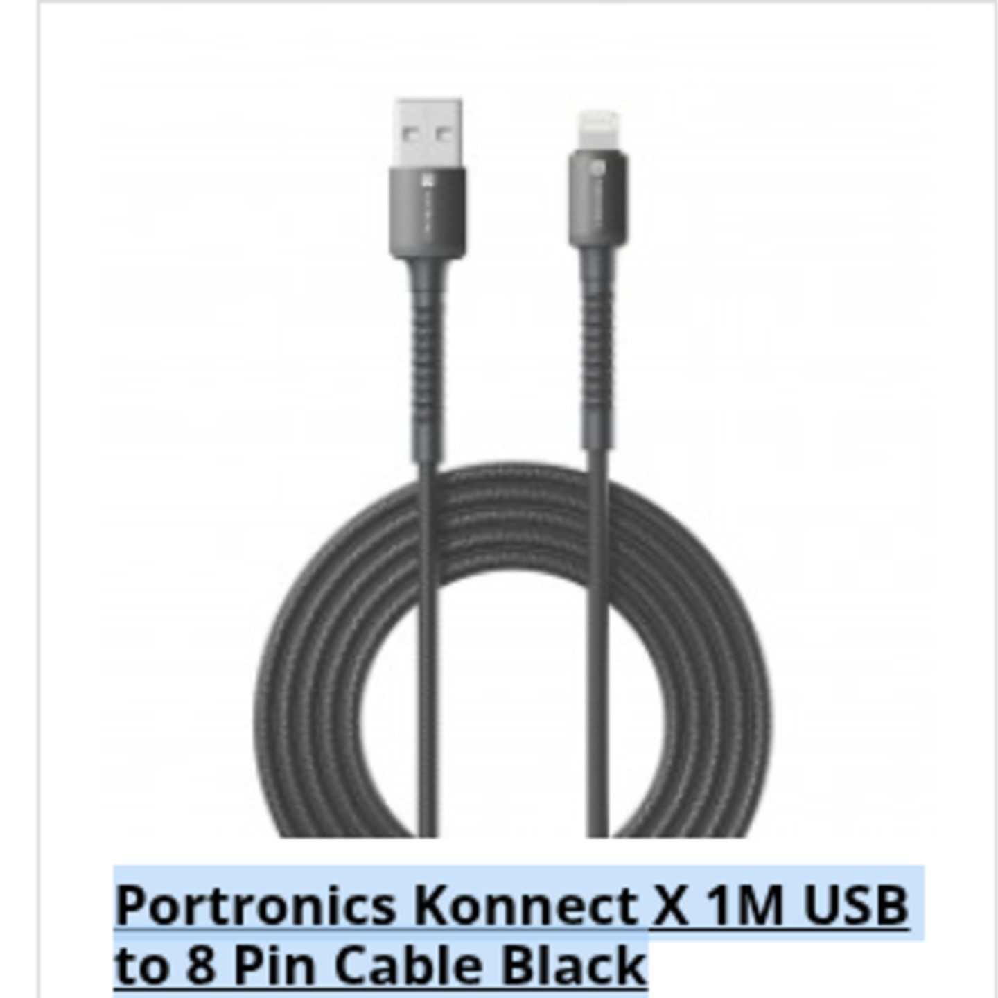 Portronics Konnect X 1M USB to 8 Pin Cable Black