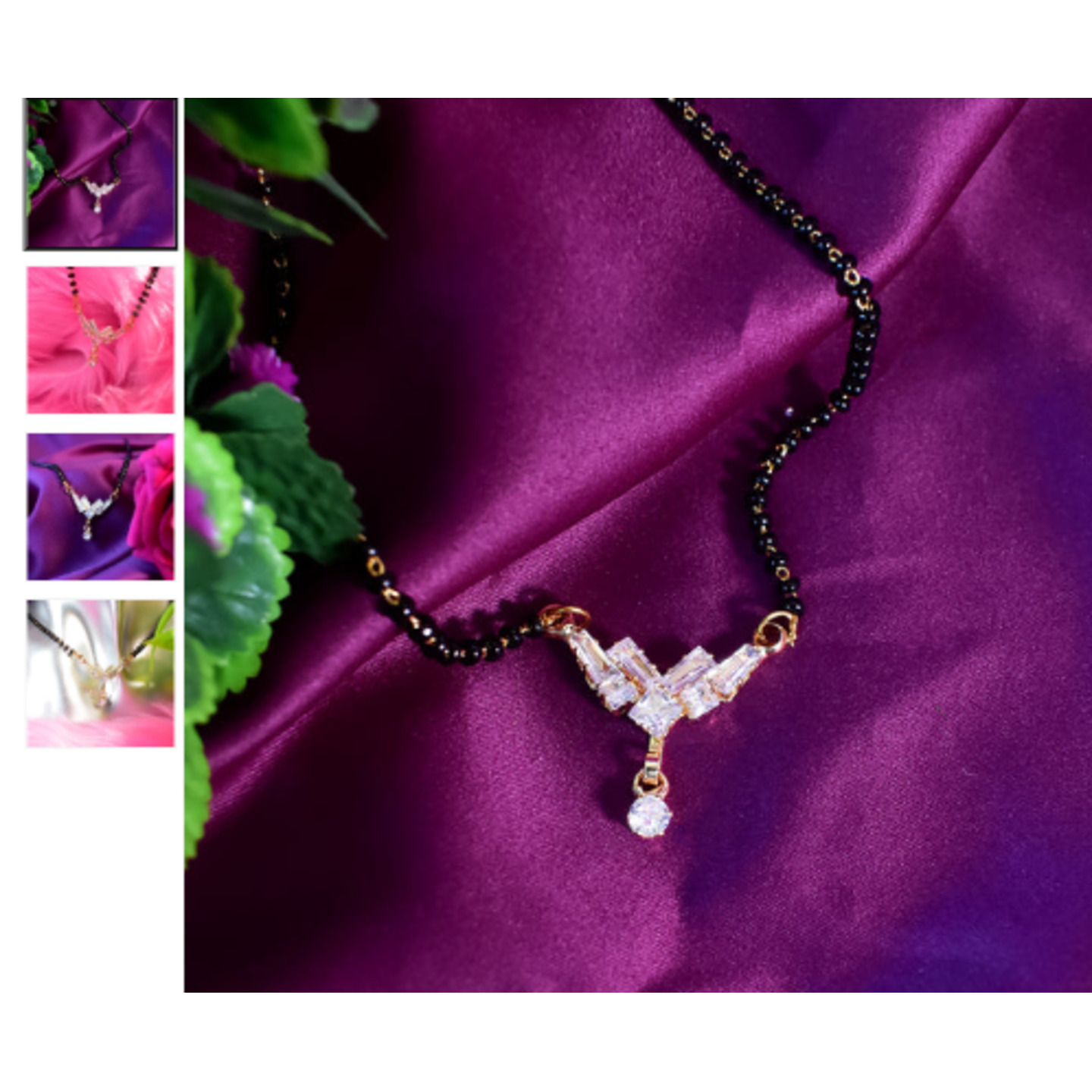 Gold Plated Mangalsutra Diamond Pendant Black Bead Chain For Women