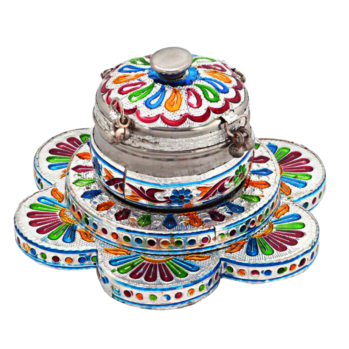 White metal club shaped steel dibbi with meenakari designs