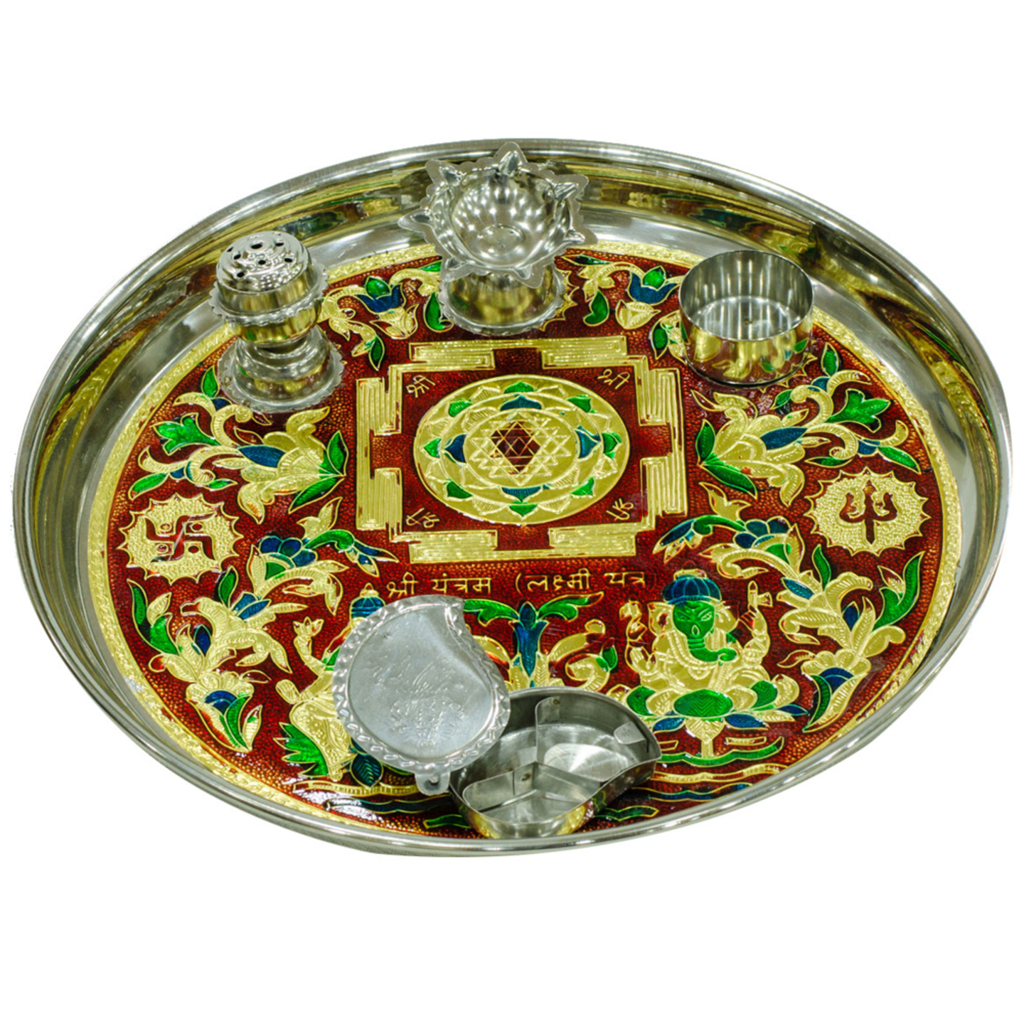  Steel pooja thali with Meenakari designs