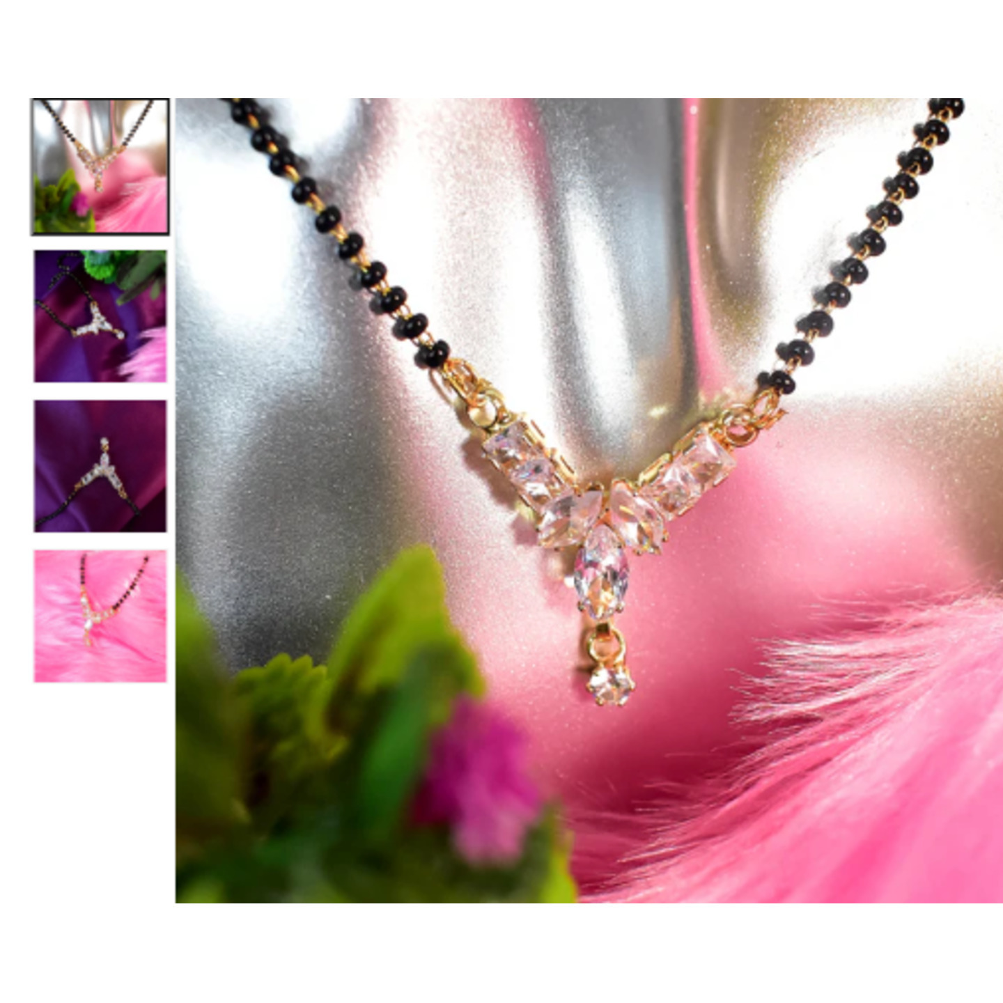 Diamond Studded Black Beaded Chain Floral Design