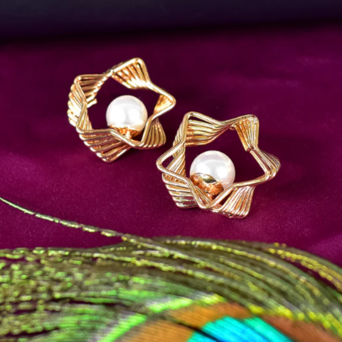 Elegant Gold-Plated Geometric Drop Earrings with White Pearl