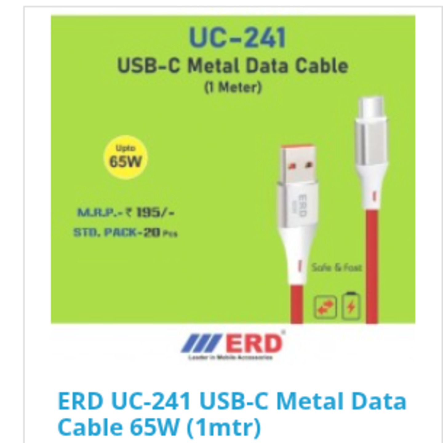 ERD UC-241 USB-C Metal Data Cable 65W (1mtr)