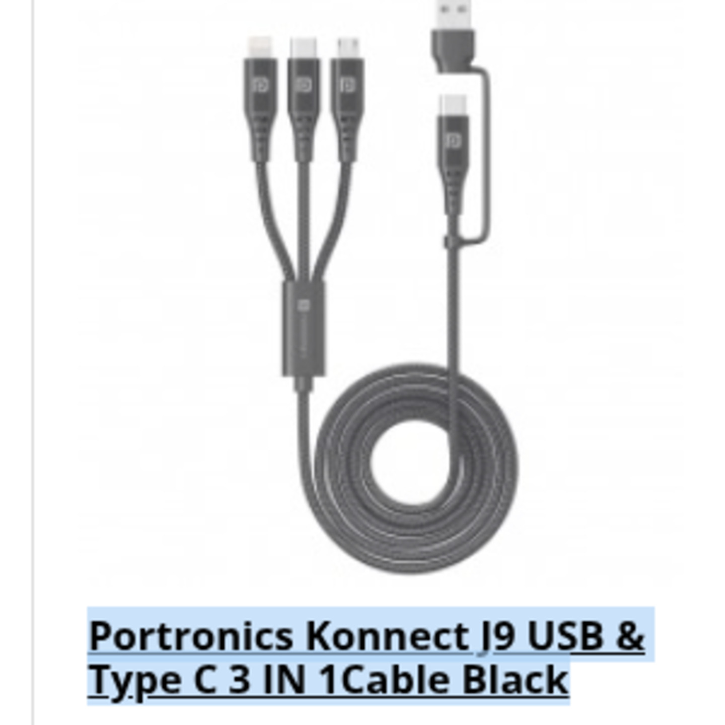 Portronics Konnect J9 USB & Type C 3 IN 1Cable Black