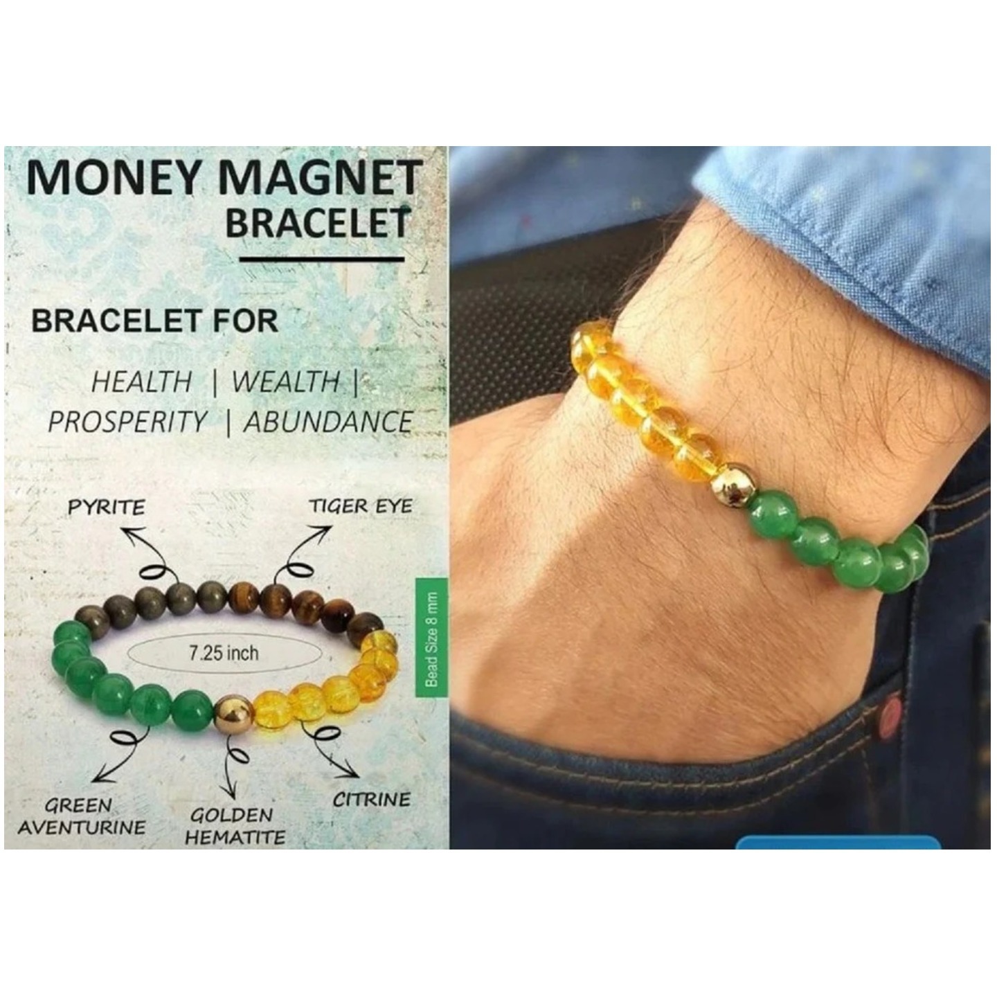 Money Magnet Bracelet Crystal Round Beads Stone Bracelet for Unisex