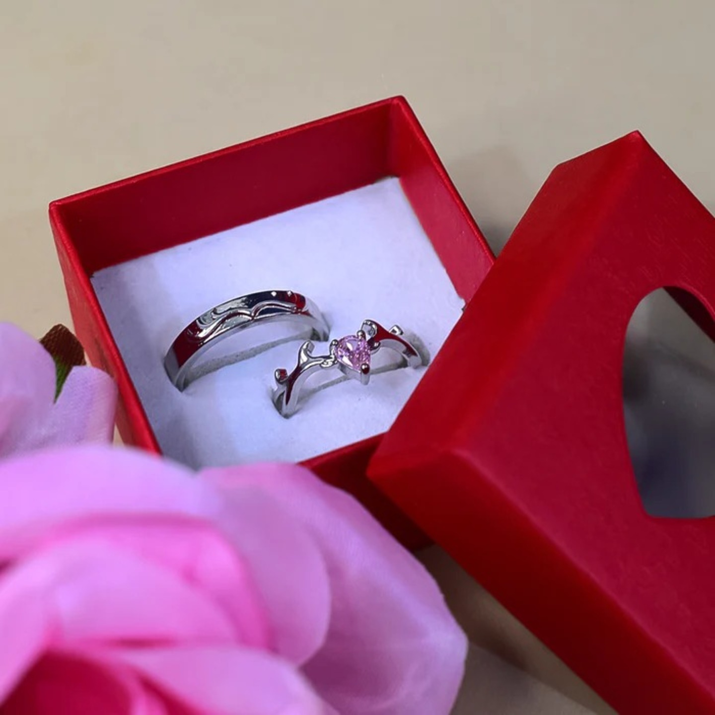 Couple's Silver Tone Ring with One Ring Diamond(moq6)