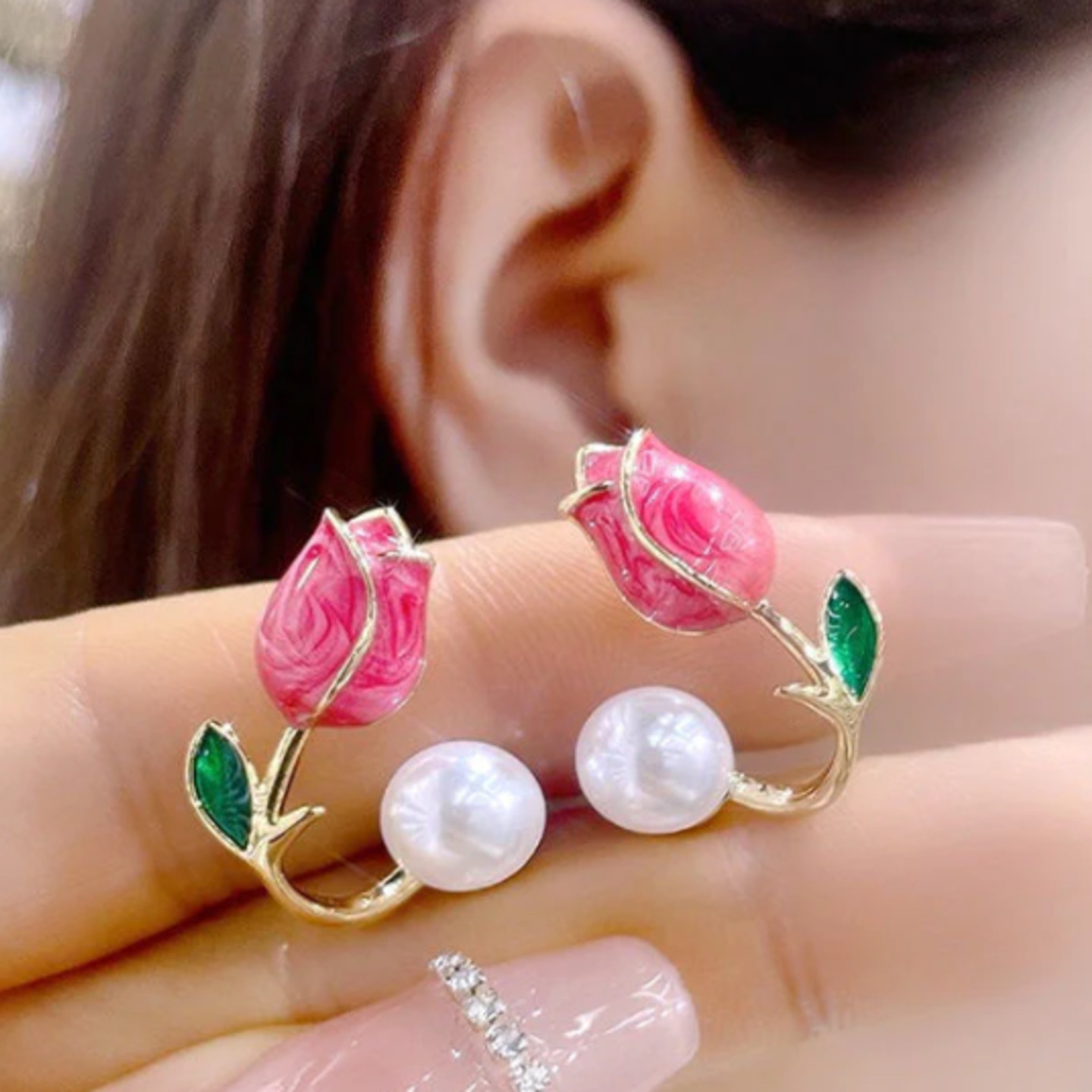 6 pc - Korean Tulip Pearl Earring - Pink