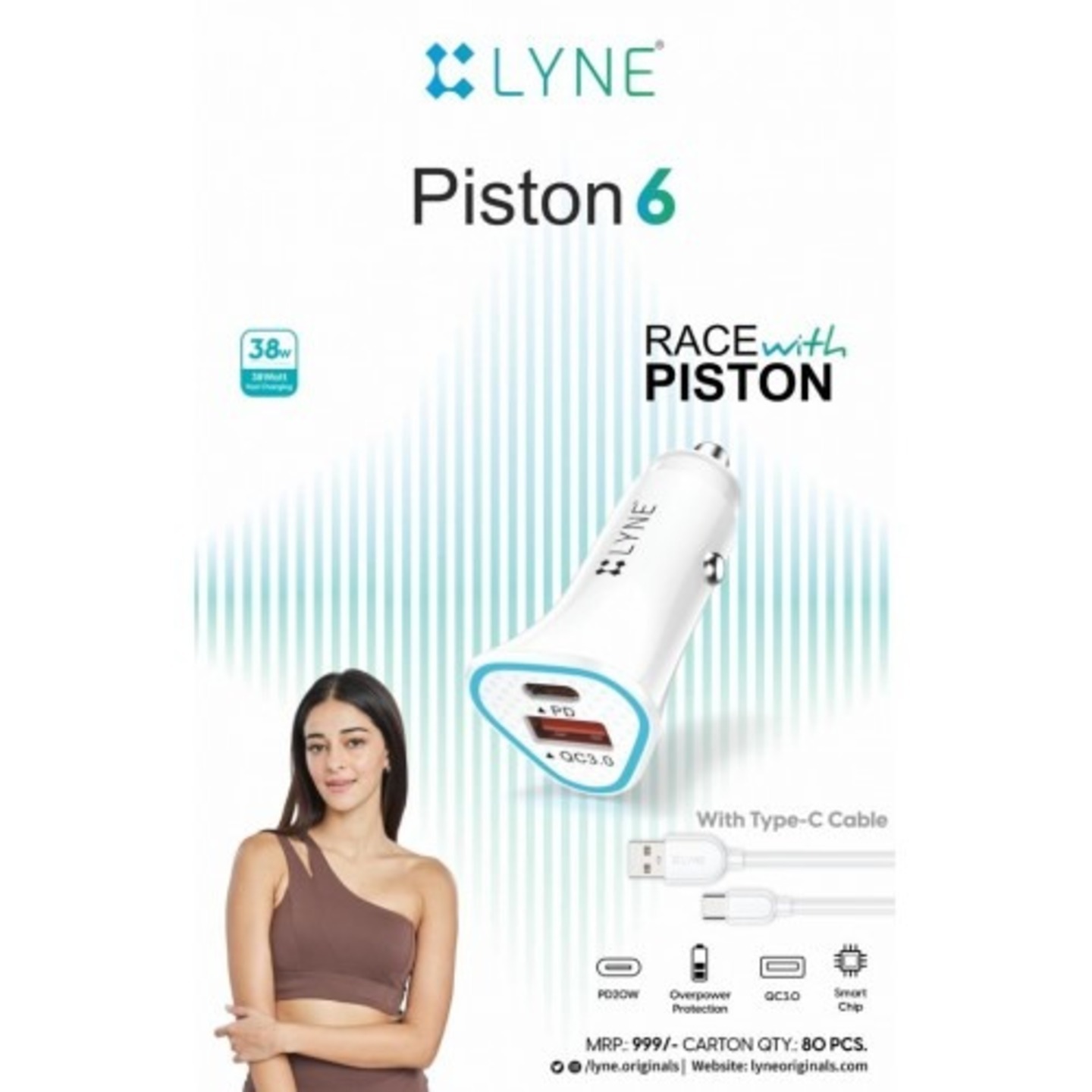 Lyne Piston6 PD 20W Dual USB With TypeC Cable Car Charger