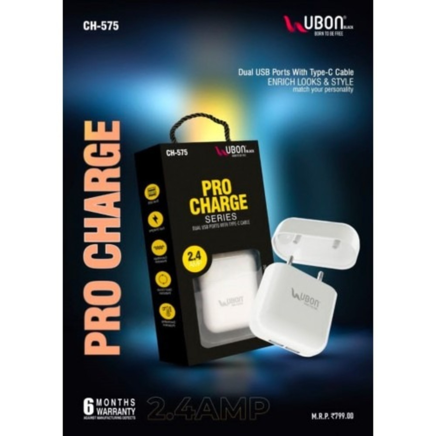 Ubon CH575 Pro Charger 2.4Amp Dual USB With TypeC Cable