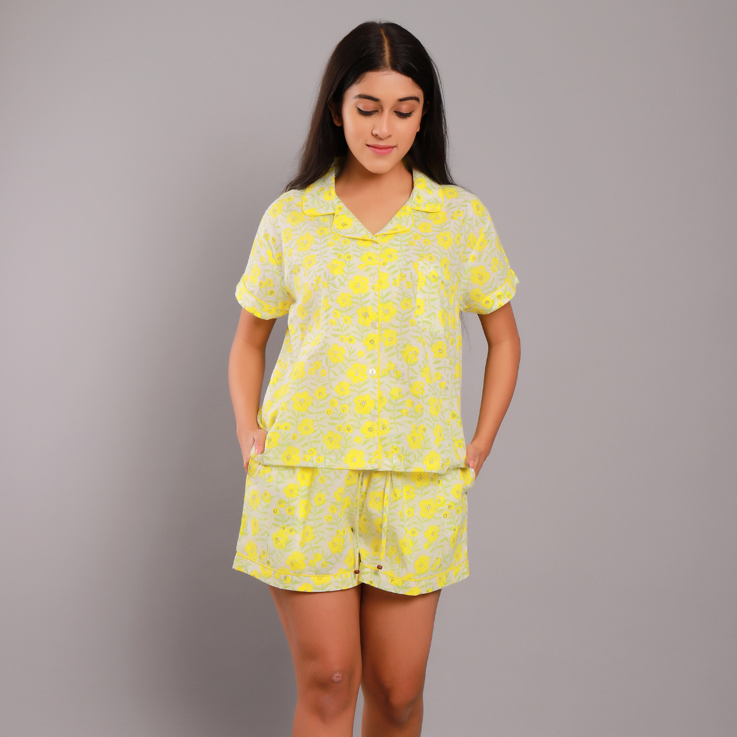 Floral Night suit Shorts set Yellow