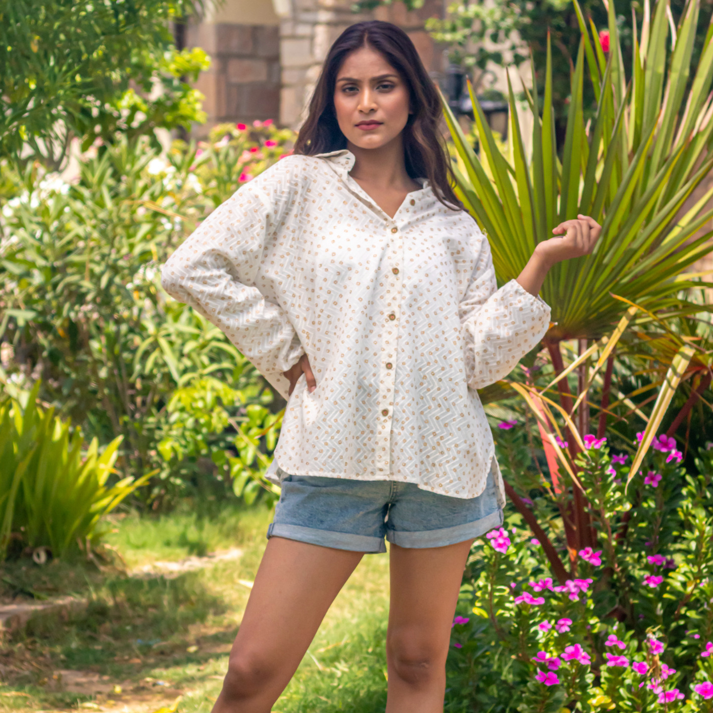 Women Block printed oversized shirt White
