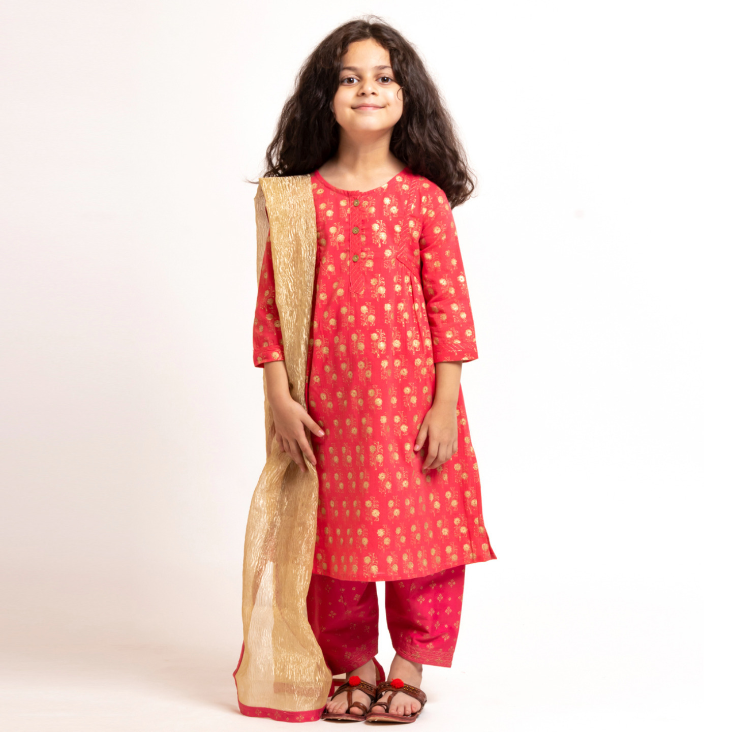 Girls Block printed Kurta Set Pink