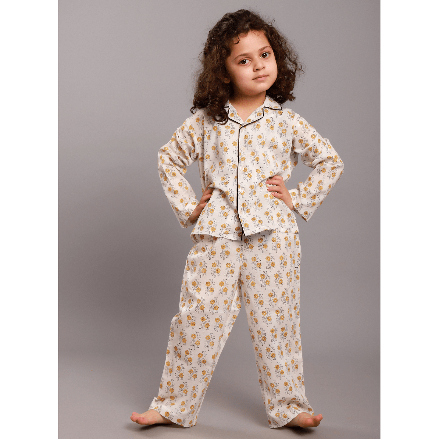 Block Printed Girls Nightsuit set Beige Buti