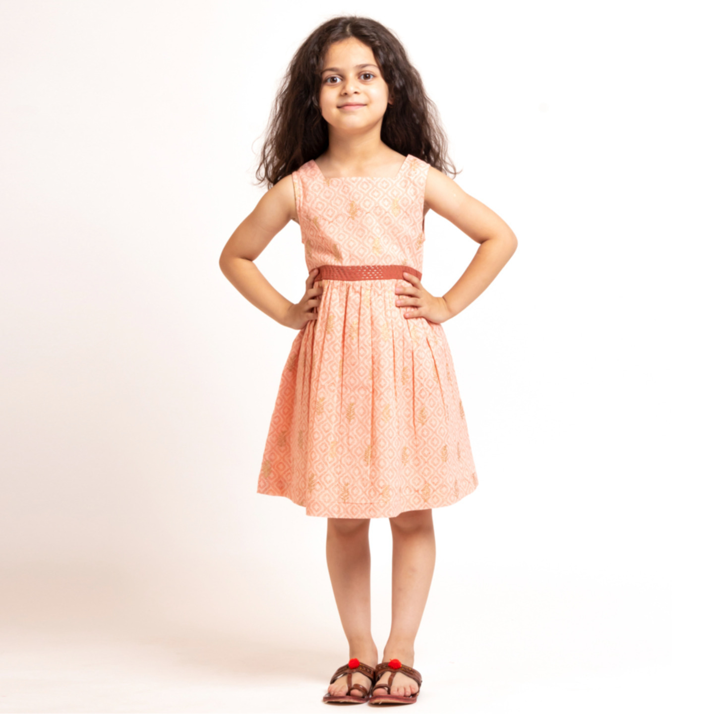 Girls Block printed Fit and Flare Dress Pink