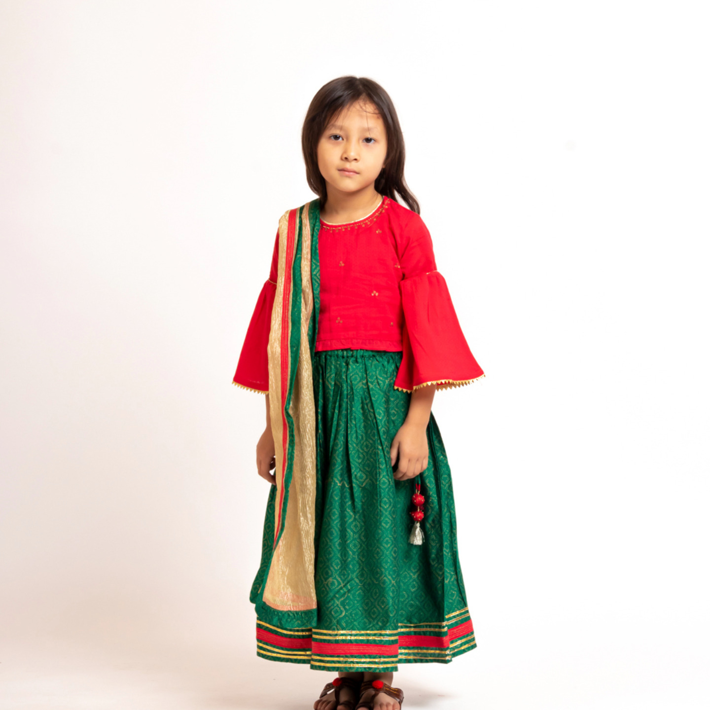 Girl's Embroidered Lehenga Choli Red- Green