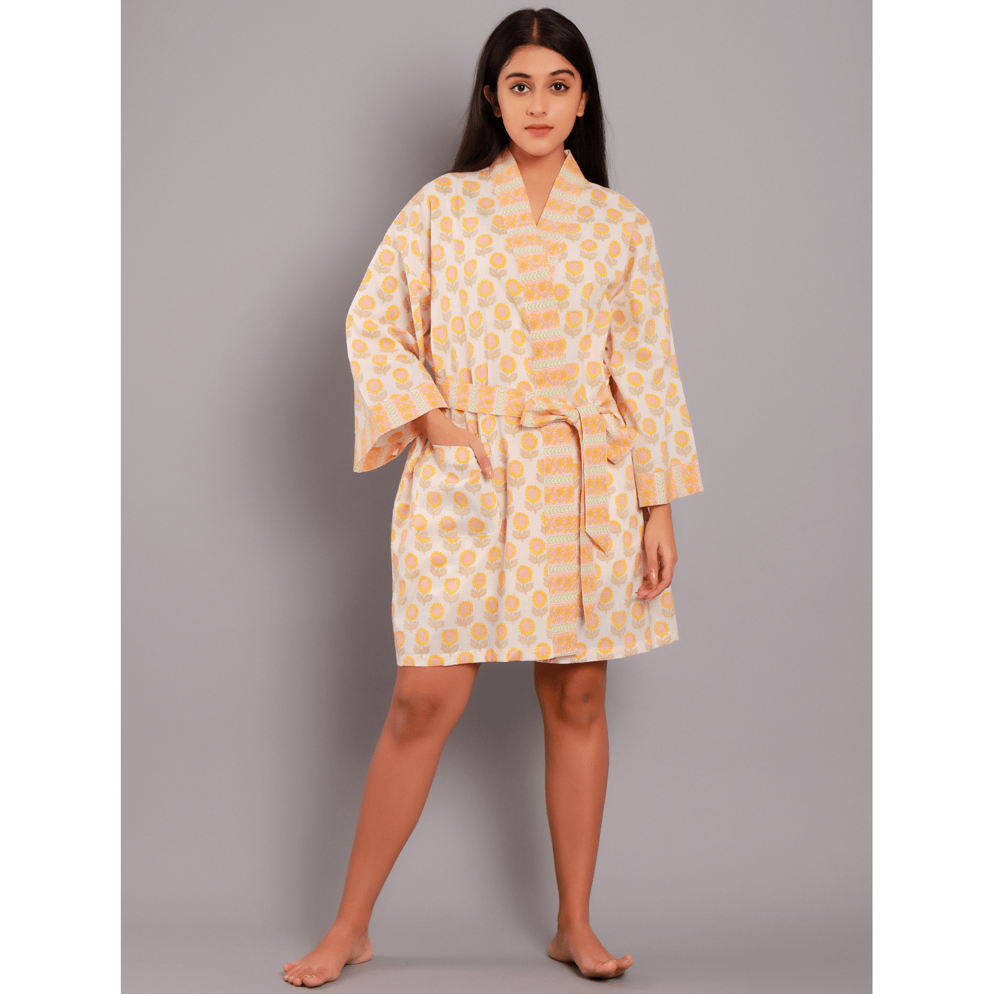 Block Printed Women bathrobe Sunflower yellow