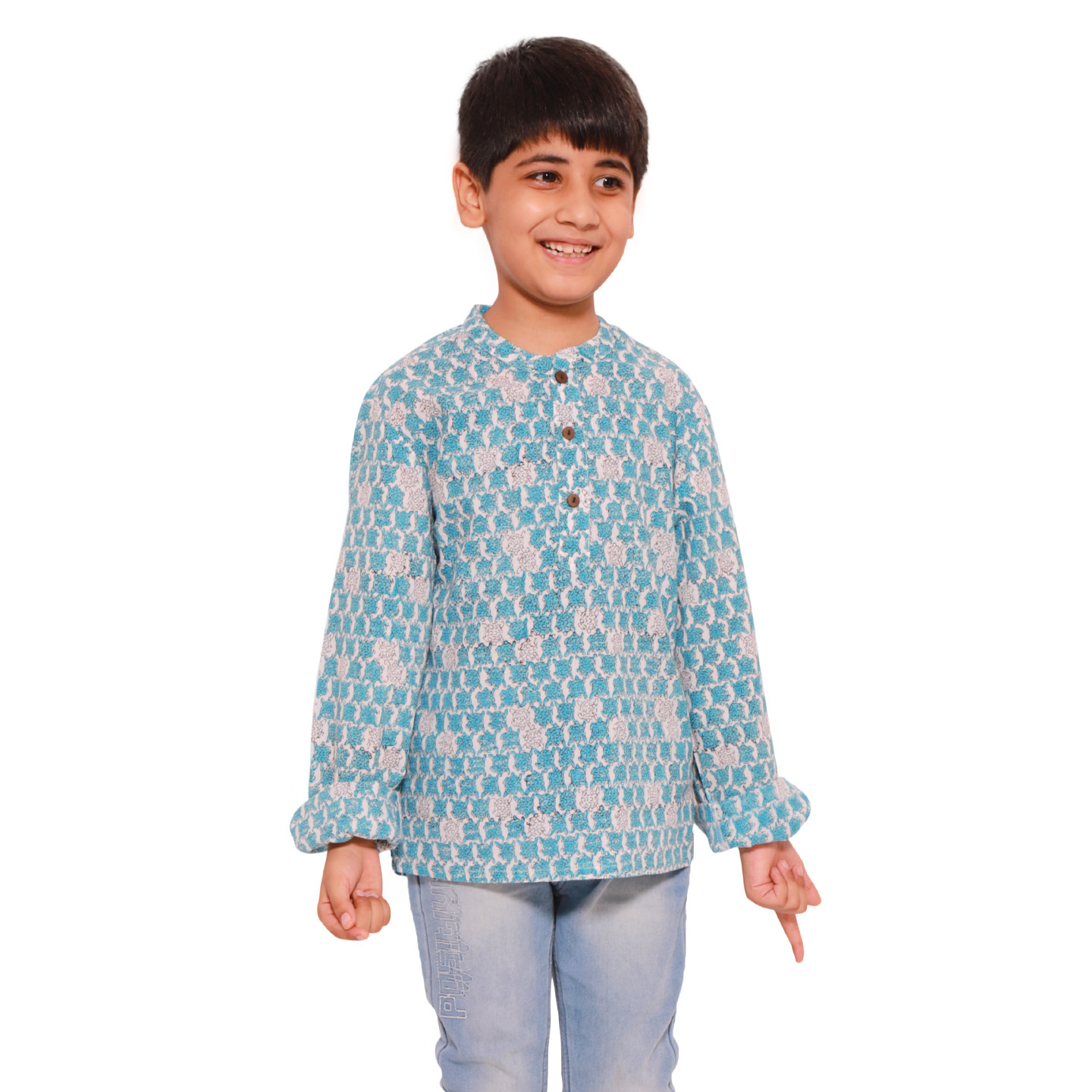 Block Printed Boys Kurta Shirt Tortoise Blue