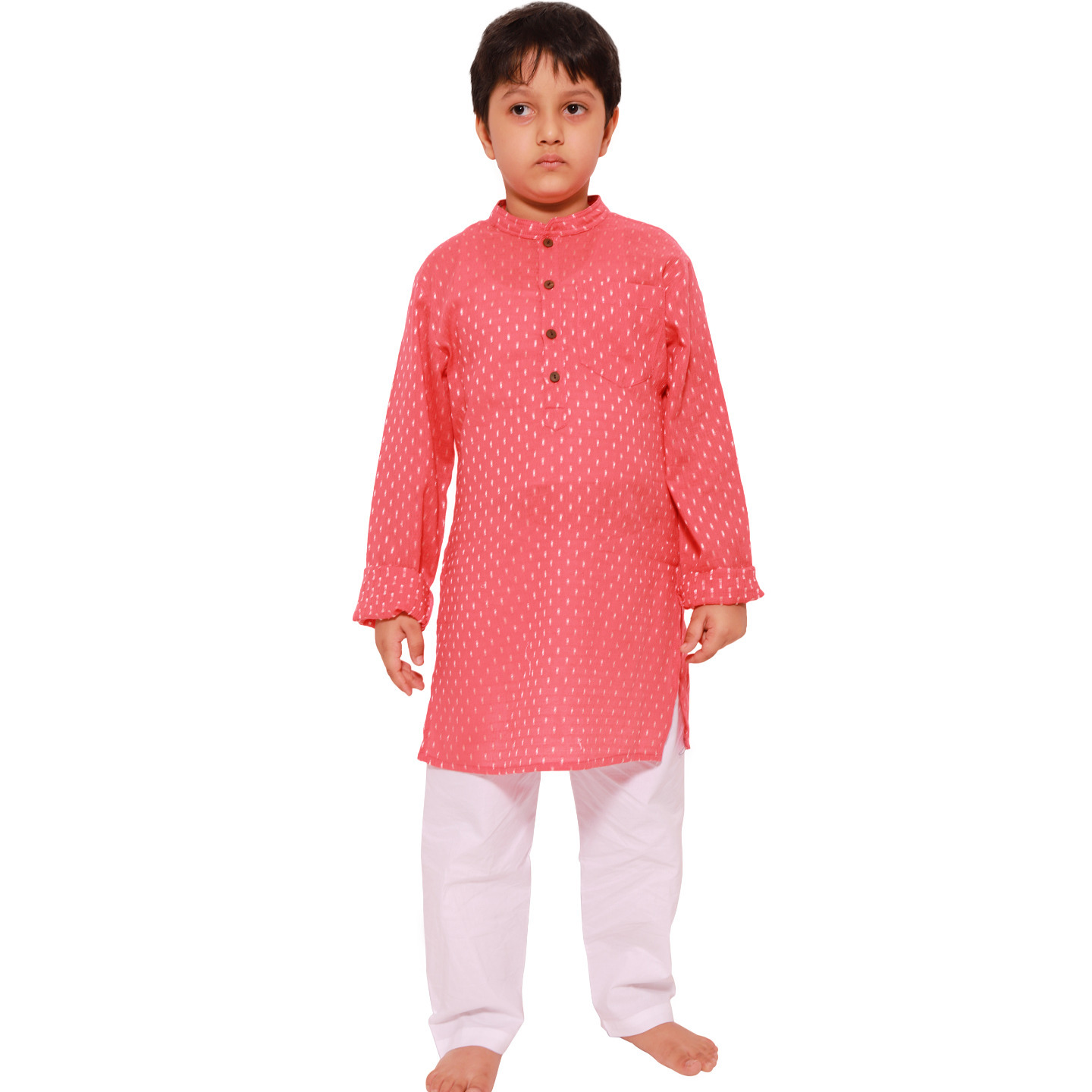 Coral Red Jacquard Dobby Boys Kurta PJ Set