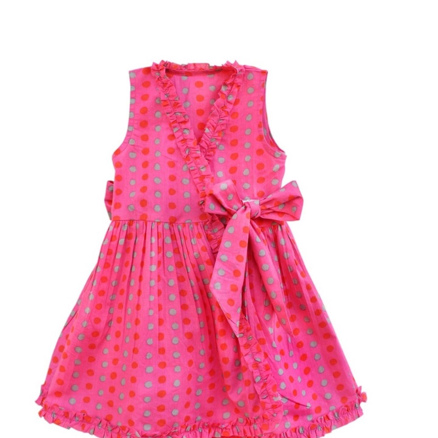 Girls Cotton Printed Wrap Dress Pink