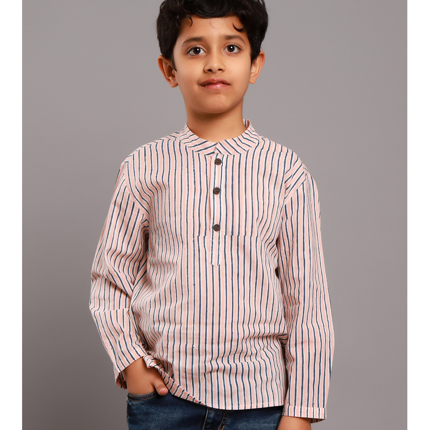 Block printed Boys Striped Kurta Shirt Pink