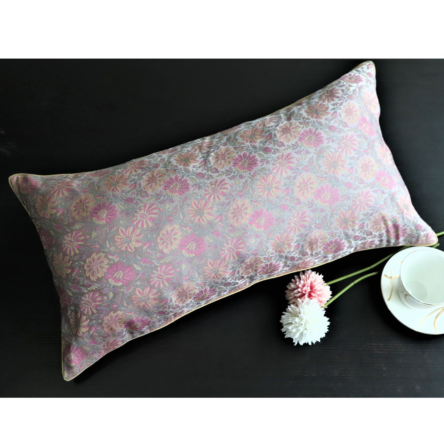 Grey and Pink Silk Brocade 30cmsx58cms Cushion Cover