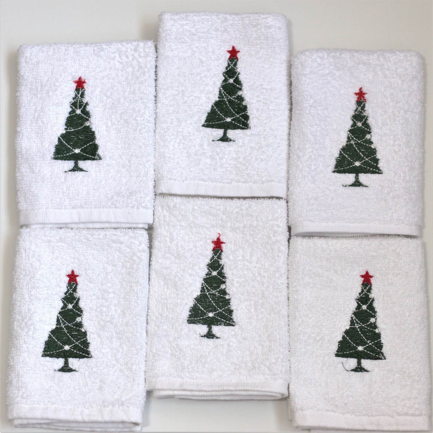 Christmas Tree Embroidered Face Towels - Set of 6