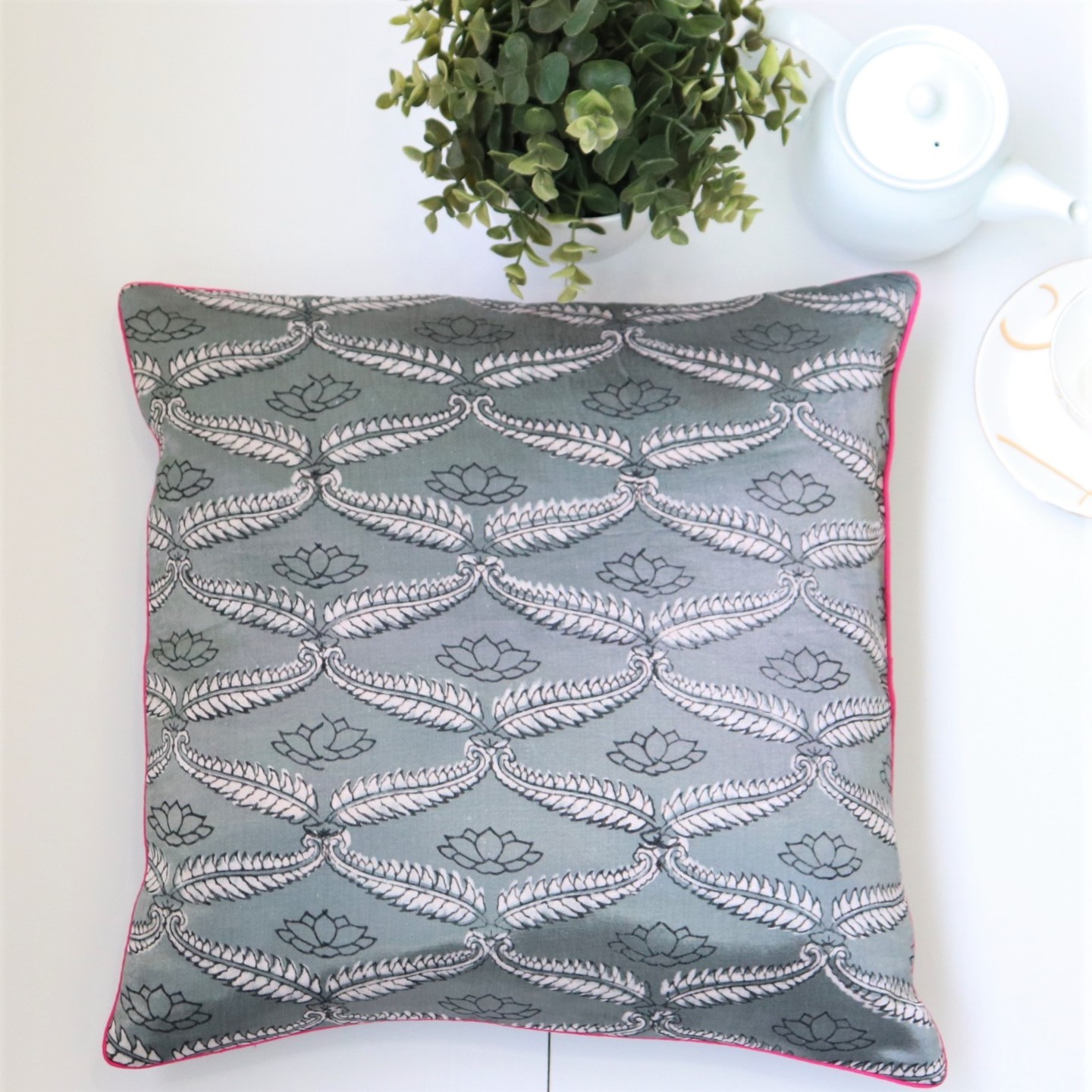 Grey Jaal Mashroo Silk 40cmsx40cms Cushion Cover