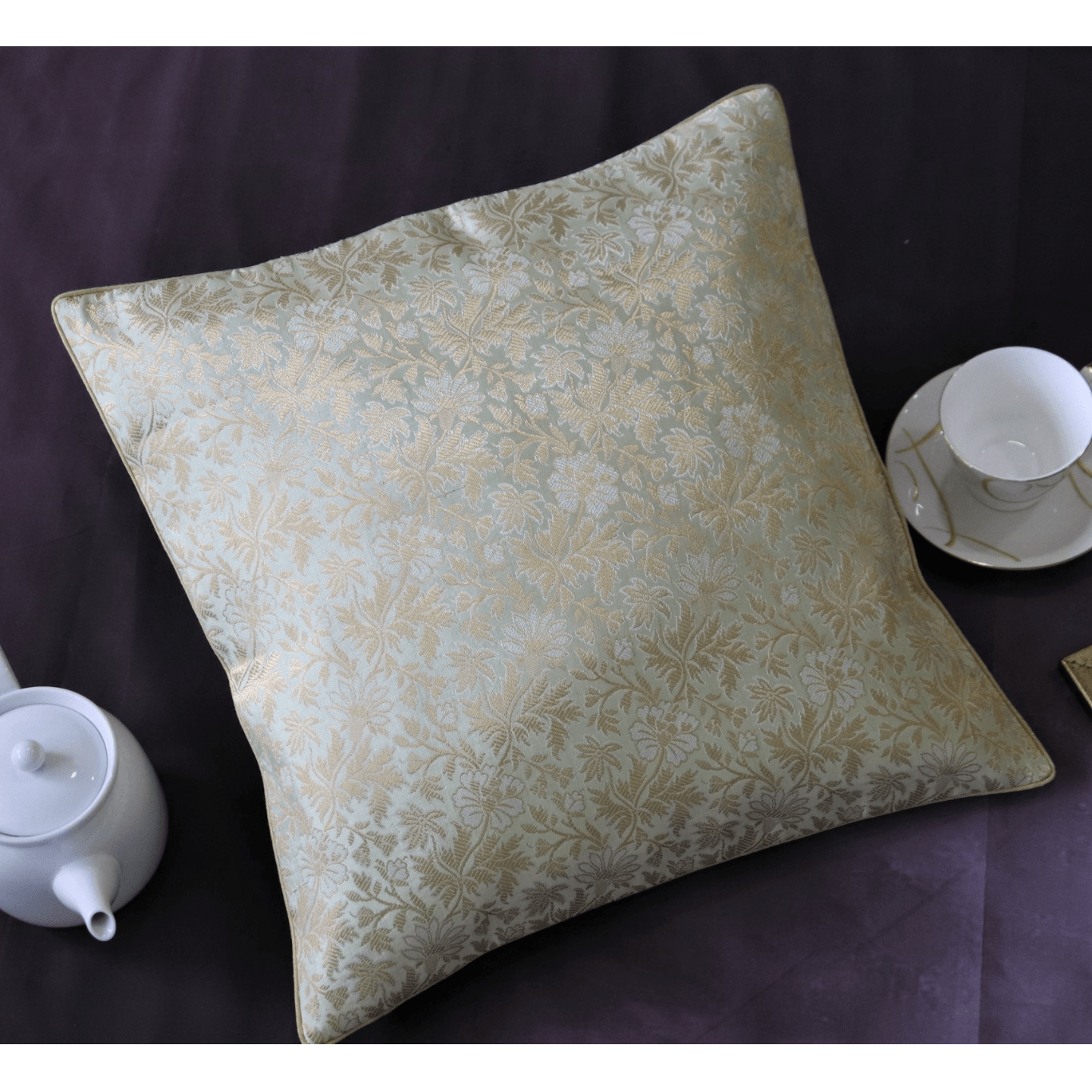 Pista Green Silk Brocade 40cmsx40cms Cushion Cover