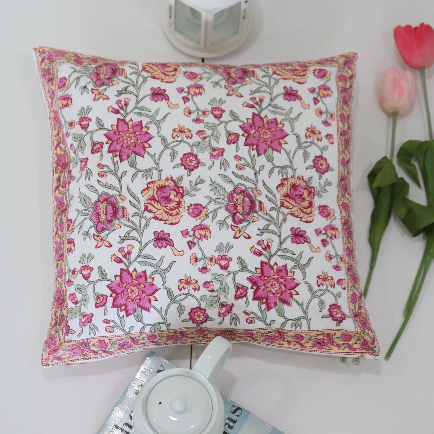 Pink Rose 40cmsx40cms Cotton Cushion Cover