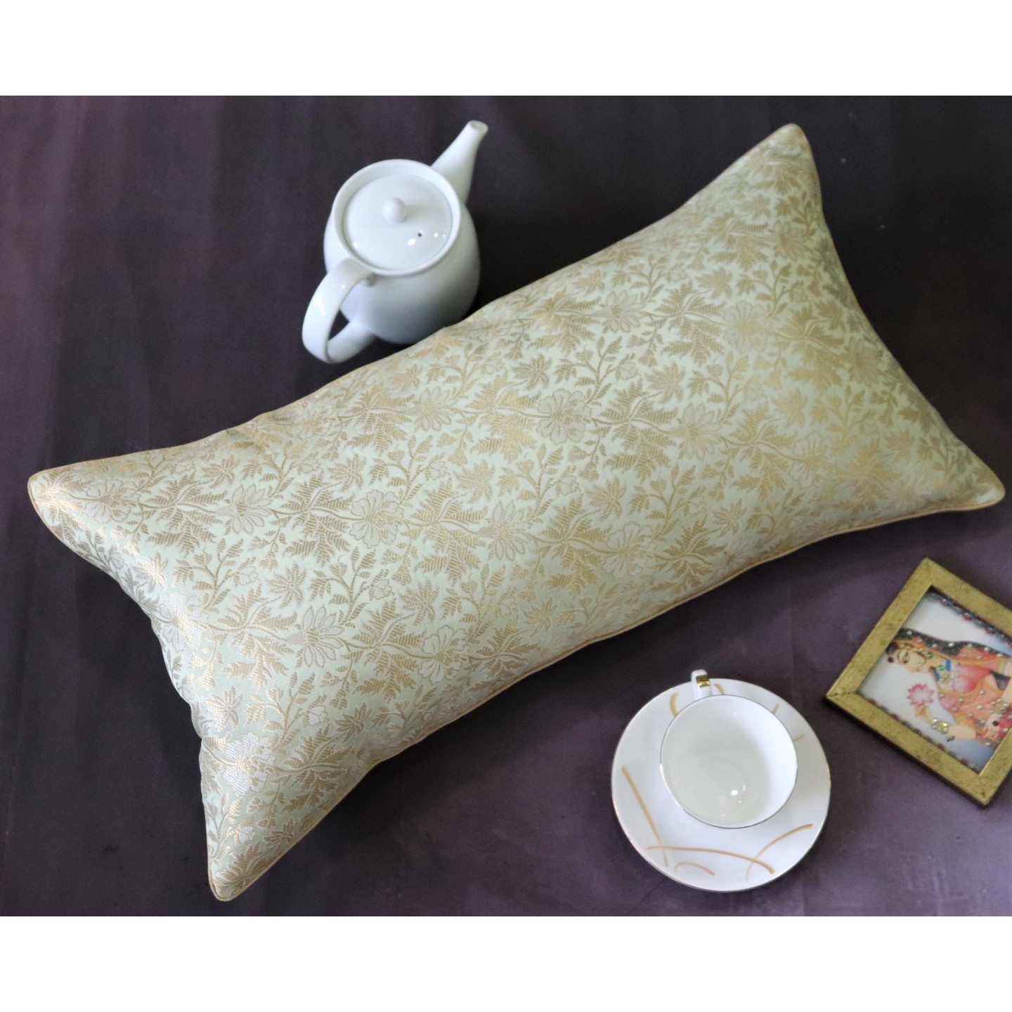 Pista Green Silk Brocade 30cmsx58cms Cushion Cover