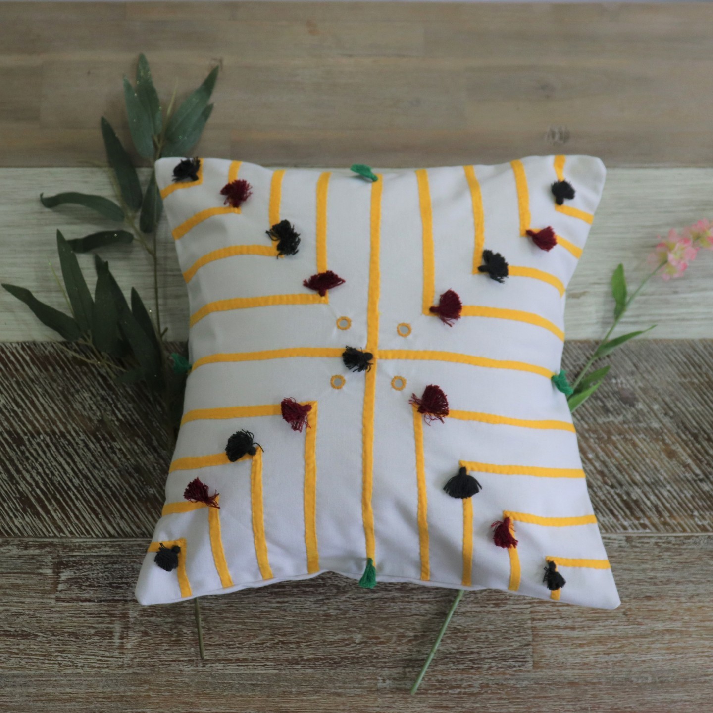 Lemon Yellow Applique and Tassels Cushion Cover