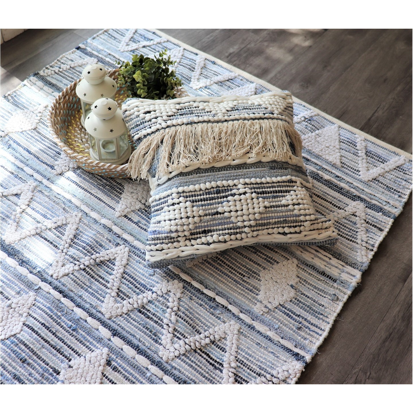 Grey Blue 5ftx8ft Cotton Moroccan Shaggy Rug