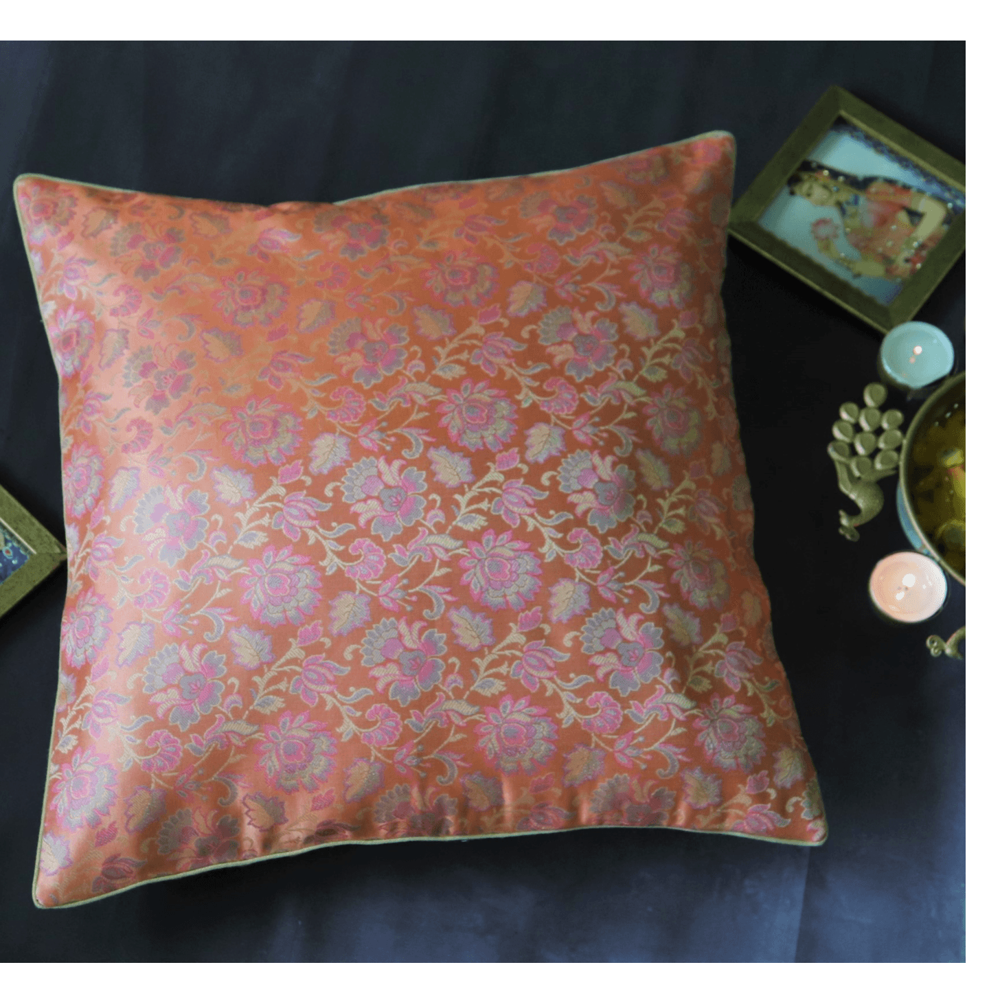 Orange Silk Brocade 40cmsx40cms Cushion Cover